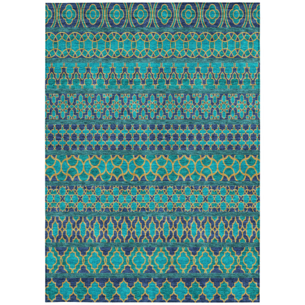 5' X 8' Teal Blue And Navy Blue Quatrefoil Washable Indoor Outdoor Area Rug