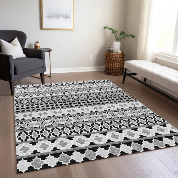 3' X 5' Black Gray And Ivory Quatrefoil Washable Indoor Outdoor Area Rug