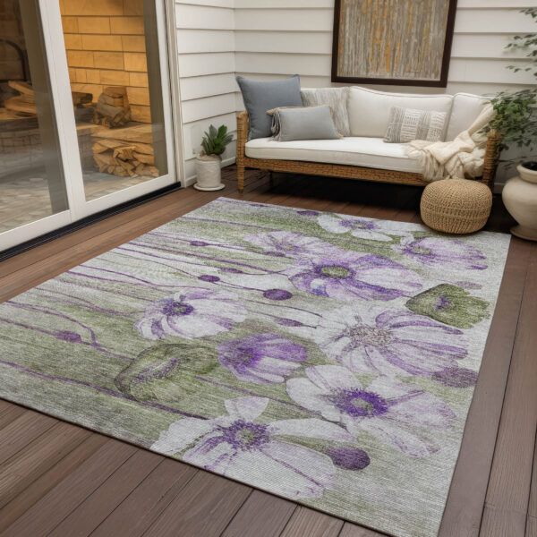 9' X 12' Purple And Lavender Floral Washable Indoor Outdoor Area Rug
