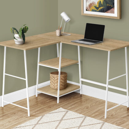 42" Natural and White Wood and Metal Corner Trestle Computer Desk
