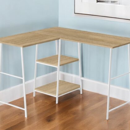 42" Natural and White Wood and Metal Corner Trestle Computer Desk
