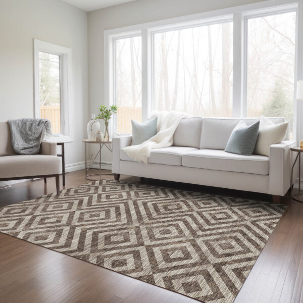 5' X 8' Brown Taupe And Beige Geometric Washable Indoor Outdoor Area Rug