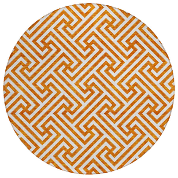 8' Orange And Ivory Round Geometric Washable Indoor Outdoor Area Rug