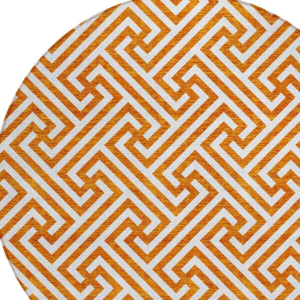 8' Orange And Ivory Round Geometric Washable Indoor Outdoor Area Rug