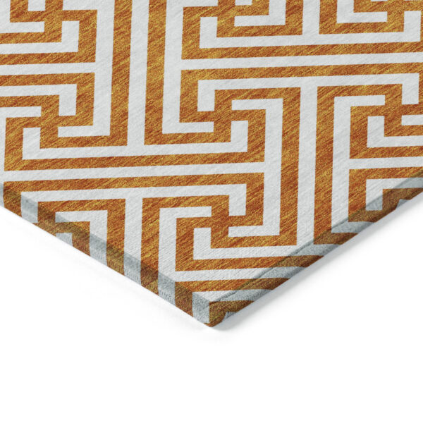 8' Orange And Ivory Round Geometric Washable Indoor Outdoor Area Rug