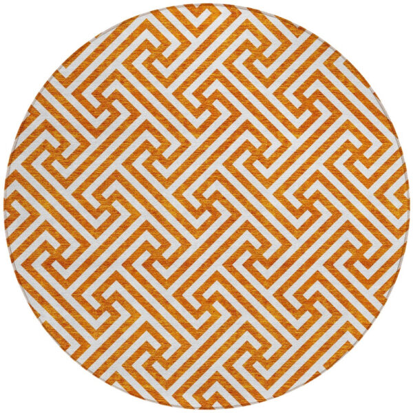 8' Orange And Ivory Round Geometric Washable Indoor Outdoor Area Rug
