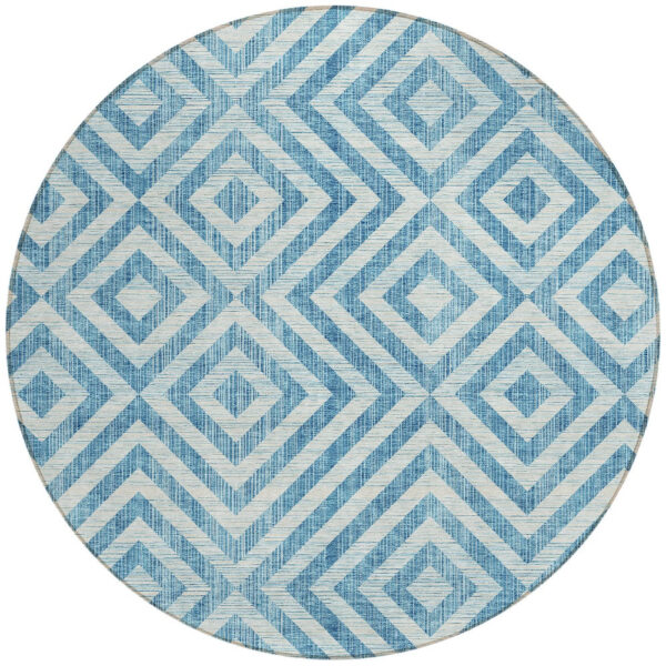 8' Teal Blue And Ivory Round Geometric Washable Indoor Outdoor Area Rug