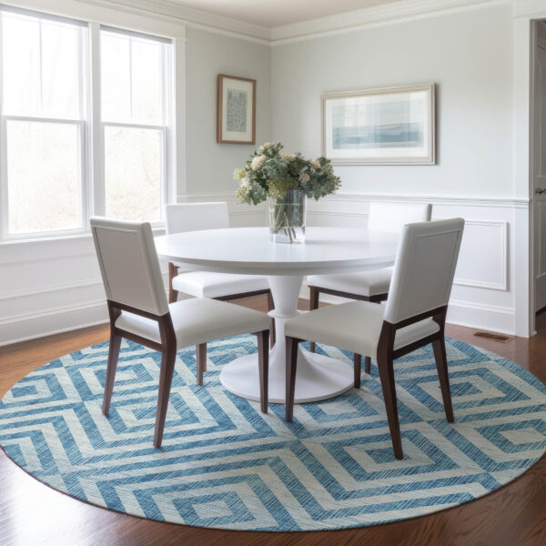 8' Teal Blue And Ivory Round Geometric Washable Indoor Outdoor Area Rug