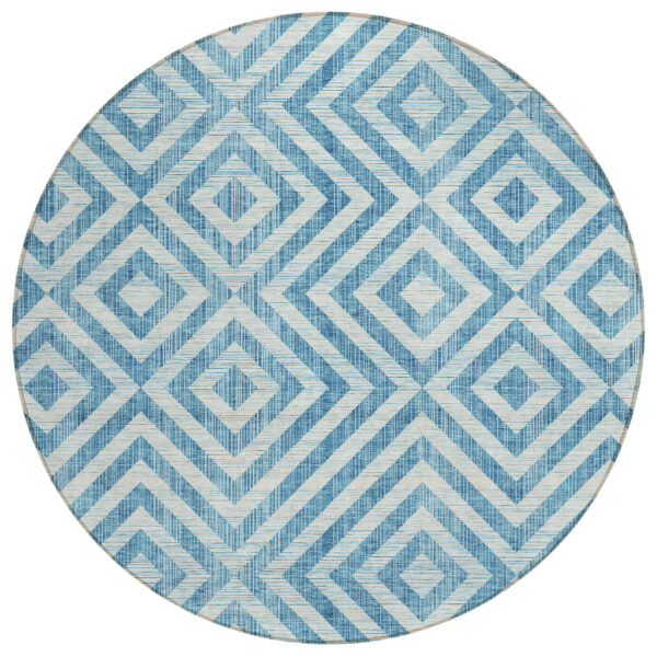 8' Teal Blue And Ivory Round Geometric Washable Indoor Outdoor Area Rug