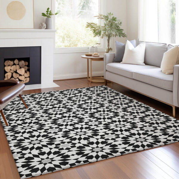 9' X 12' Black Gray And Silver Floral Medallion Washable Indoor Outdoor Area Rug