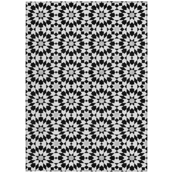 9' X 12' Black Gray And Silver Floral Medallion Washable Indoor Outdoor Area Rug