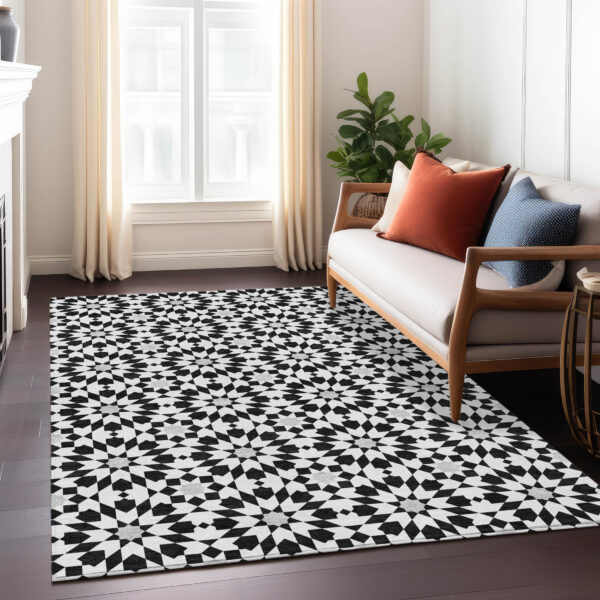 9' X 12' Black Gray And Silver Floral Medallion Washable Indoor Outdoor Area Rug