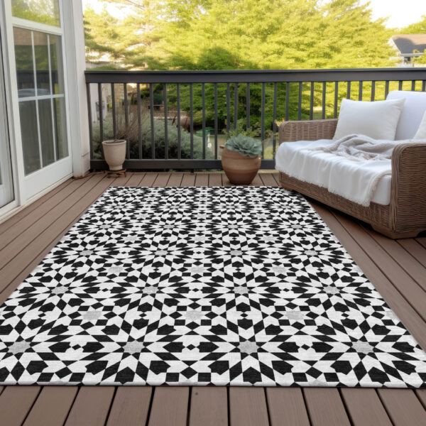 9' X 12' Black Gray And Silver Floral Medallion Washable Indoor Outdoor Area Rug