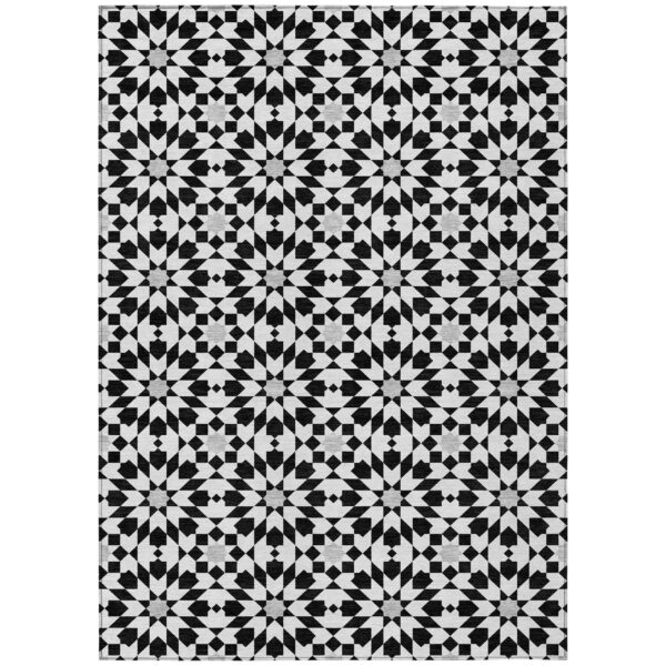 9' X 12' Black Gray And Silver Floral Medallion Washable Indoor Outdoor Area Rug