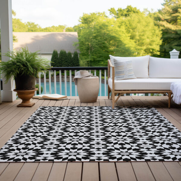 9' X 12' Black Gray And Silver Floral Medallion Washable Indoor Outdoor Area Rug