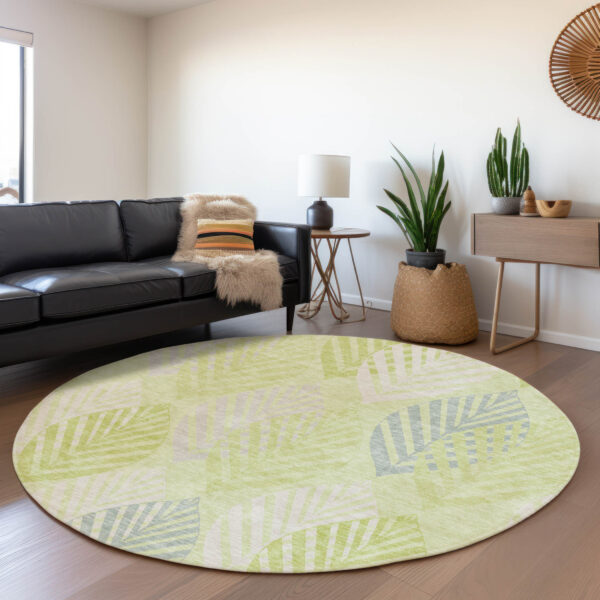 8' Artichoke Green Green And Ivory Round Floral Washable Indoor Outdoor Area Rug