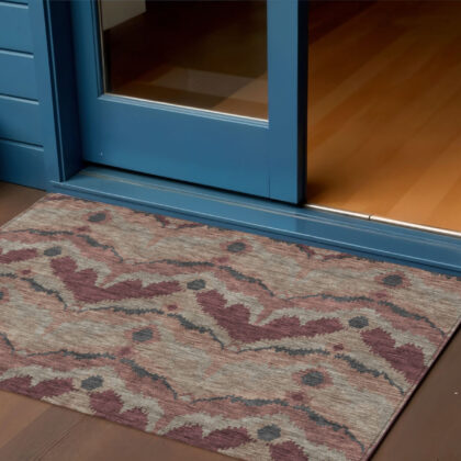 3' X 5' Burgundy Beige And Charcoal Ikat Washable Indoor Outdoor Area Rug