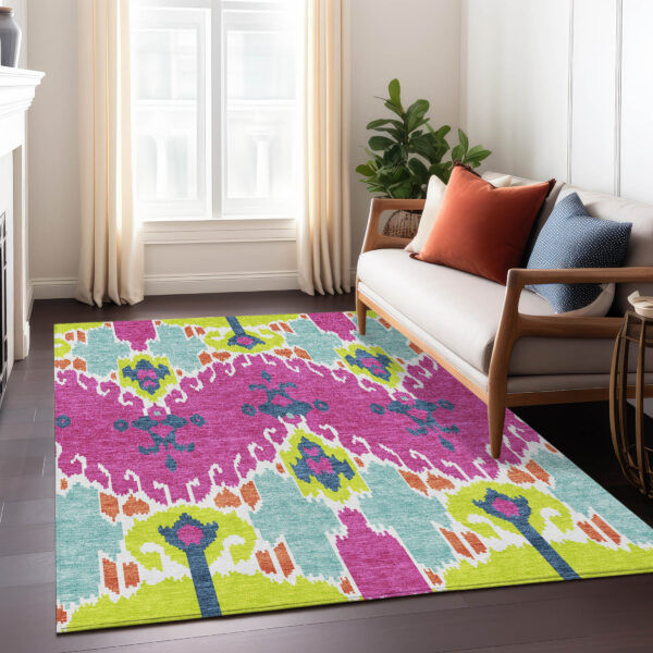 10' X 14' Pink Lime Green And Orange Ikat Washable Indoor Outdoor Area Rug