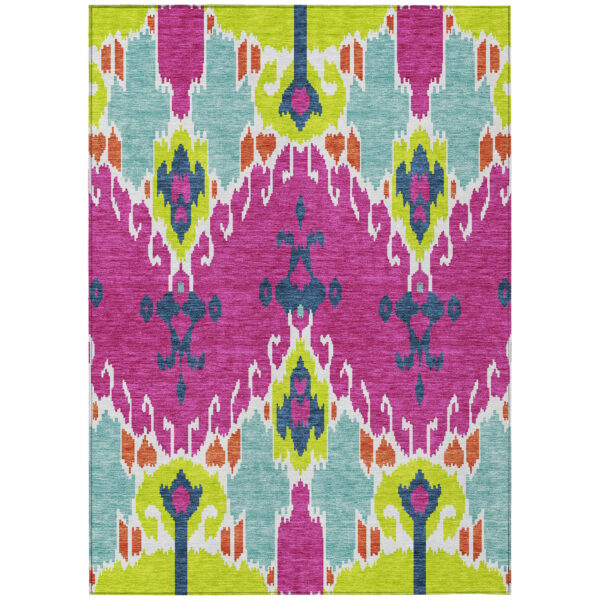 10' X 14' Pink Lime Green And Orange Ikat Washable Indoor Outdoor Area Rug