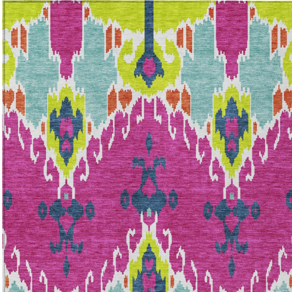 10' X 14' Pink Lime Green And Orange Ikat Washable Indoor Outdoor Area Rug