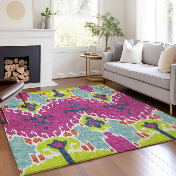 10' X 14' Pink Lime Green And Orange Ikat Washable Indoor Outdoor Area Rug