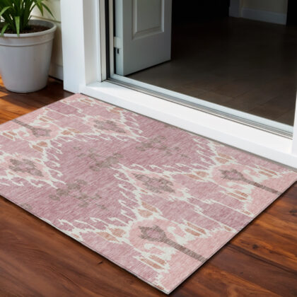 3' X 5' Blush Pink And Ivory Ikat Washable Indoor Outdoor Area Rug