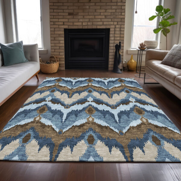 8' X 10' Denim Blue And Sky Blue Ikat Washable Indoor Outdoor Area Rug