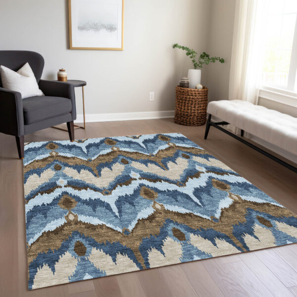 8' X 10' Denim Blue And Sky Blue Ikat Washable Indoor Outdoor Area Rug