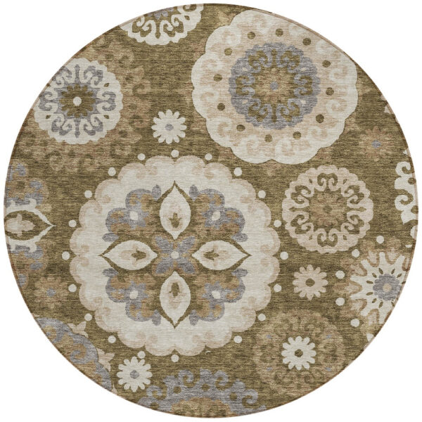 8' Brown Ivory And Beige Round Floral Medallion Washable Indoor Outdoor Area Rug