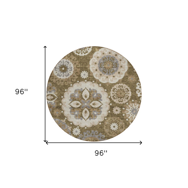 8' Brown Ivory And Beige Round Floral Medallion Washable Indoor Outdoor Area Rug