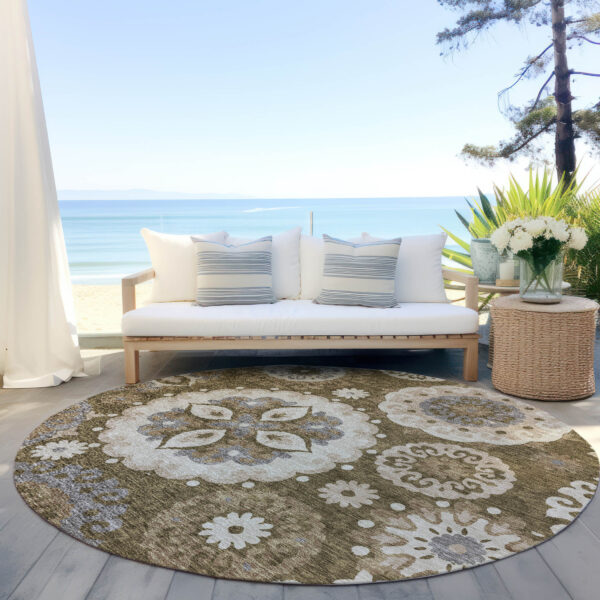 8' Brown Ivory And Beige Round Floral Medallion Washable Indoor Outdoor Area Rug