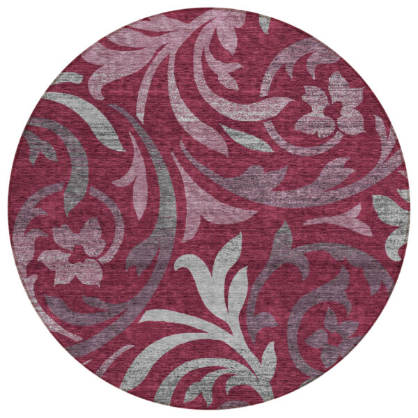 8' Red Gray And Silver Round Floral Washable Indoor Outdoor Area Rug