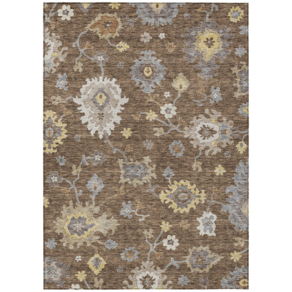 9' X 12' Chocolate Taupe And White Floral Washable Indoor Outdoor Area Rug