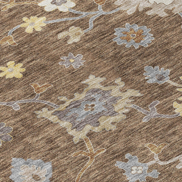 9' X 12' Chocolate Taupe And White Floral Washable Indoor Outdoor Area Rug