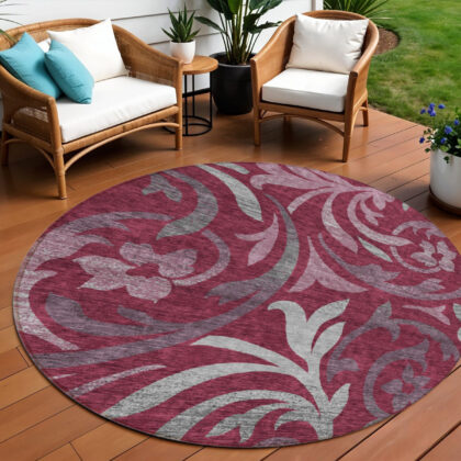 8' Red Gray And Silver Round Floral Washable Indoor Outdoor Area Rug