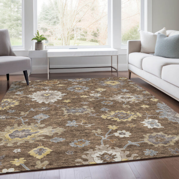 9' X 12' Chocolate Taupe And White Floral Washable Indoor Outdoor Area Rug