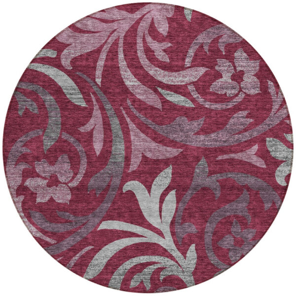8' Red Gray And Silver Round Floral Washable Indoor Outdoor Area Rug