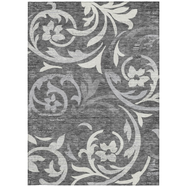 5' X 8' Charcoal Silver And Gray Floral Washable Indoor Outdoor Area Rug