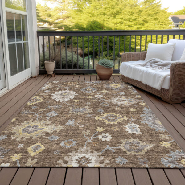 9' X 12' Chocolate Taupe And White Floral Washable Indoor Outdoor Area Rug