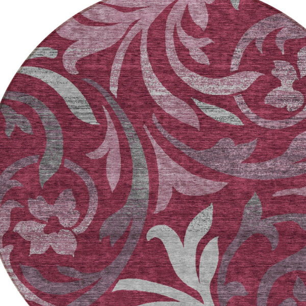 8' Red Gray And Silver Round Floral Washable Indoor Outdoor Area Rug