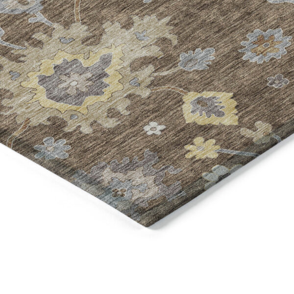 9' X 12' Chocolate Taupe And White Floral Washable Indoor Outdoor Area Rug