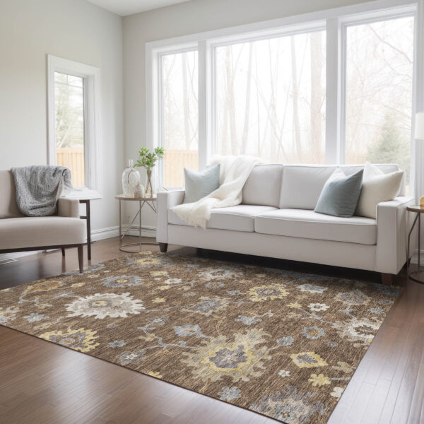 9' X 12' Chocolate Taupe And White Floral Washable Indoor Outdoor Area Rug