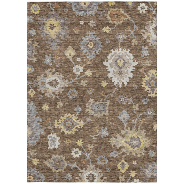 9' X 12' Chocolate Taupe And White Floral Washable Indoor Outdoor Area Rug