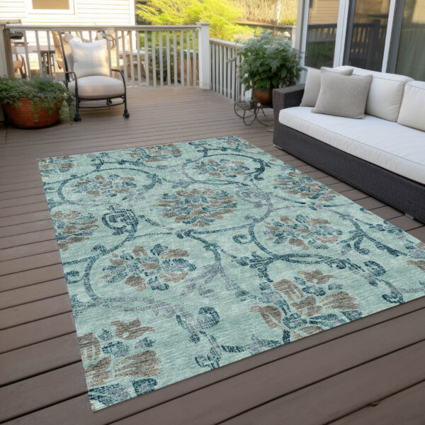 9' X 12' Teal Blue Gray And Aqua Floral Washable Indoor Outdoor Area Rug