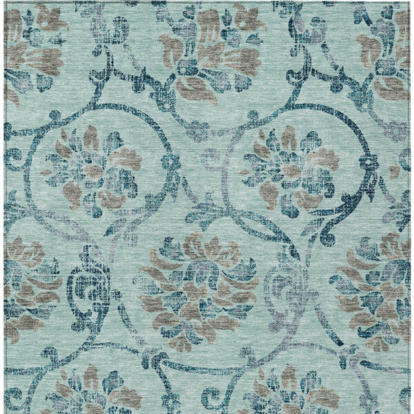 9' X 12' Teal Blue Gray And Aqua Floral Washable Indoor Outdoor Area Rug