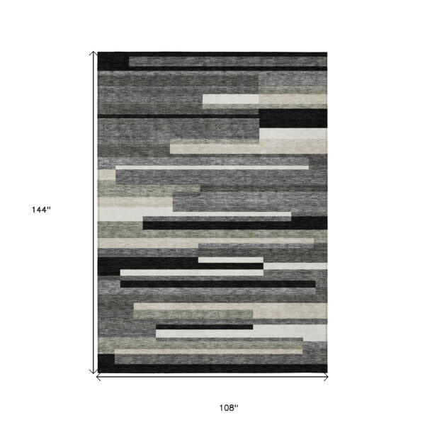 9' X 12' Black Charcoal And Gray Striped Washable Indoor Outdoor Area Rug