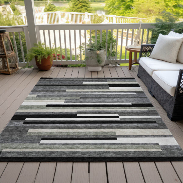 9' X 12' Black Charcoal And Gray Striped Washable Indoor Outdoor Area Rug