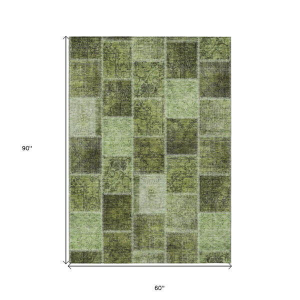 5' X 8' Olive Green And Artichoke Green Patchwork Washable Indoor Outdoor Area Rug