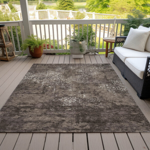 9' X 12' Brown And Ivory Floral Washable Indoor Outdoor Area Rug