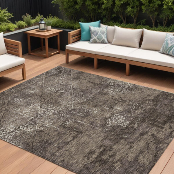 9' X 12' Brown And Ivory Floral Washable Indoor Outdoor Area Rug